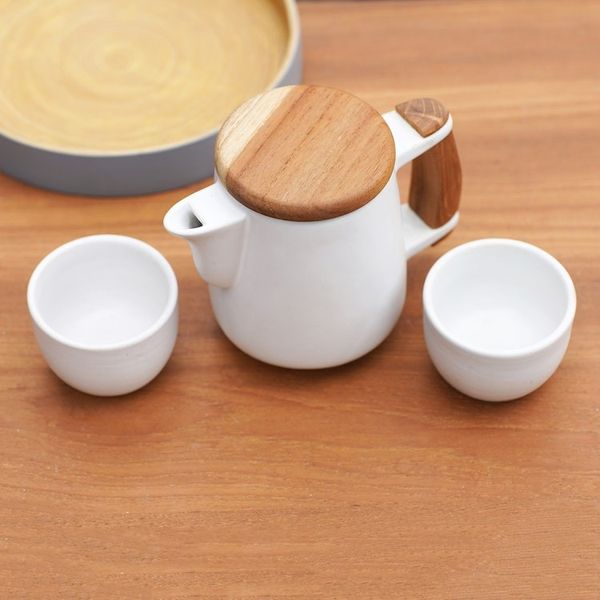 Alternate image for Handcrafted Ceramic and Teak Wood Tea Set Set for 2 Midday Tea in White