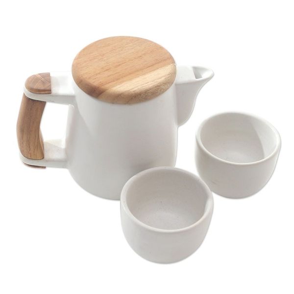 Alternate image for Handcrafted Ceramic and Teak Wood Tea Set Set for 2 Midday Tea in White