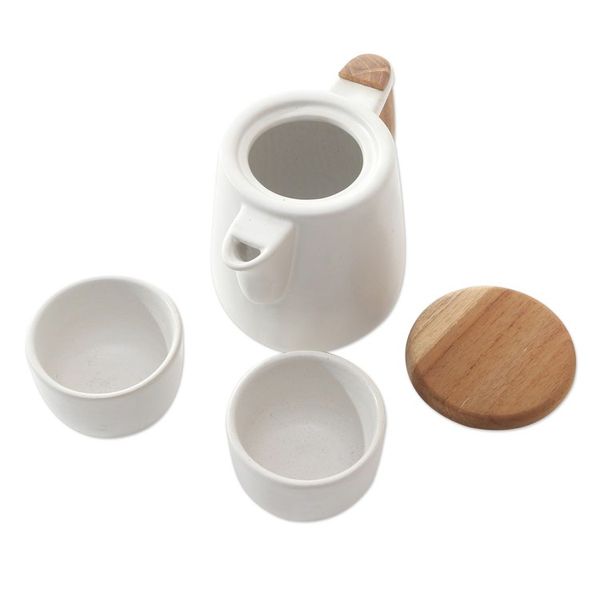 Alternate image for Handcrafted Ceramic and Teak Wood Tea Set Set for 2 Midday Tea in White