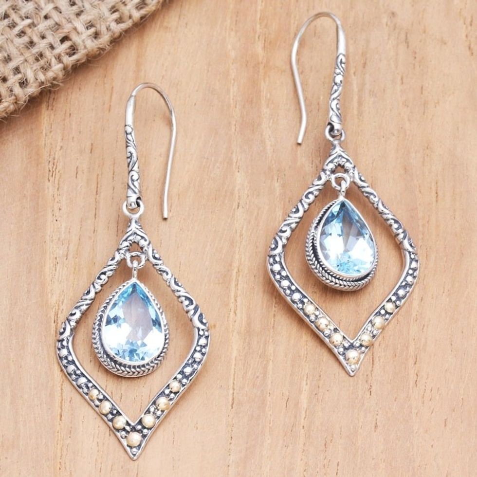 Gold-Accented Blue Topaz Dangle Earrings 'Window Seat in Blue'