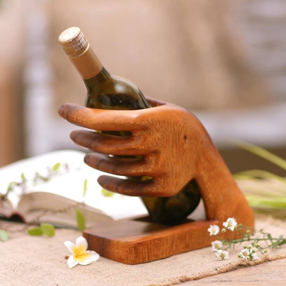 Hand Crafted Suar Wood Bottle Holder 'Lend a Hand'