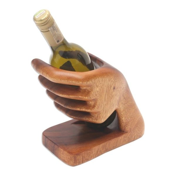 Alternate image for Hand Crafted Suar Wood Bottle Holder Lend a Hand