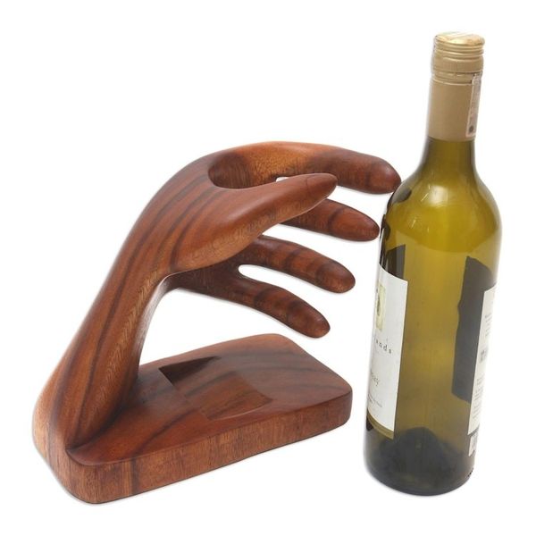 Alternate image for Hand Crafted Suar Wood Bottle Holder Lend a Hand
