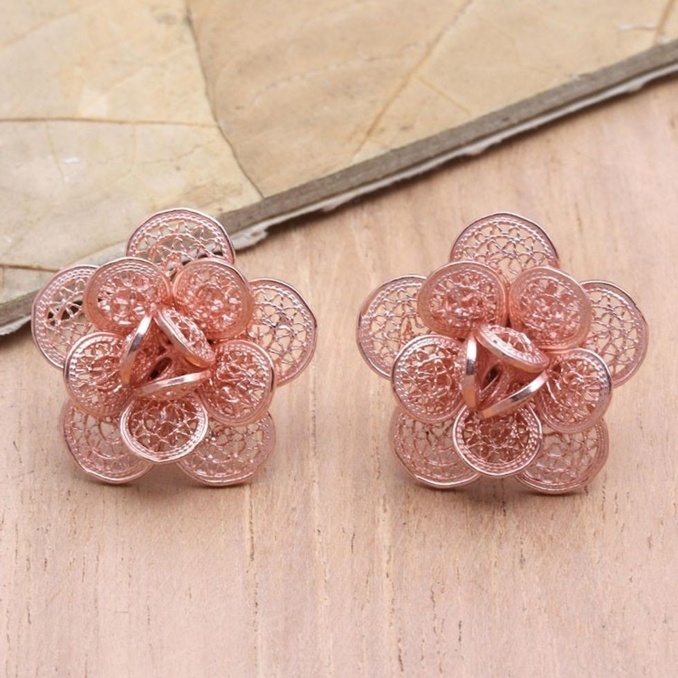 Rose Gold-Plated Floral Button Earrings 'Delicate Plumeria'