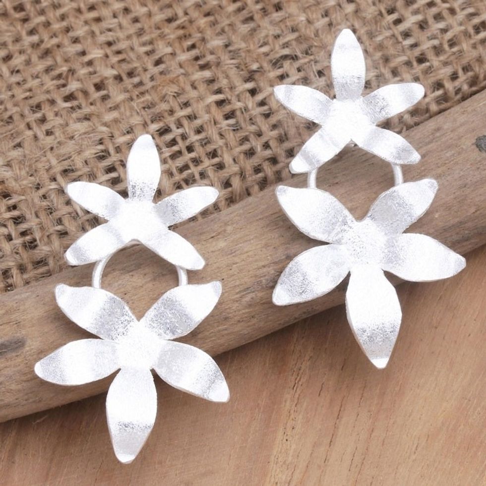 Sterling Silver Drop Earrings with Floral Motif 'Snow Blooms'