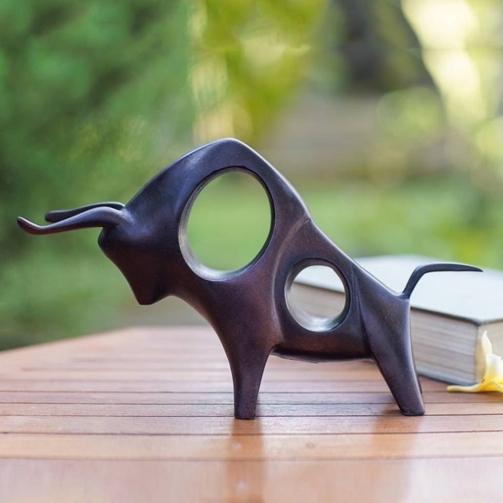 Handmade Cement Bull Statuette from Java 'Stamina and Strength'