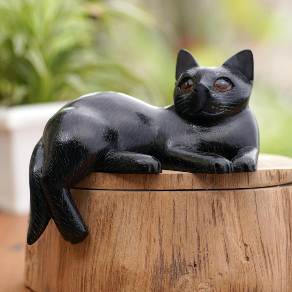 Black Suar Wood Cat Statuette from Bali 'Dreamy Cat'