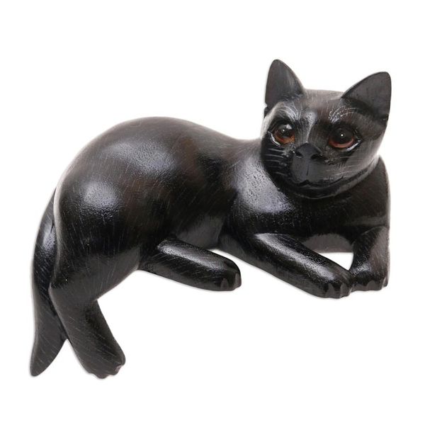 Alternate image for Black Suar Wood Cat Statuette from Bali Dreamy Cat