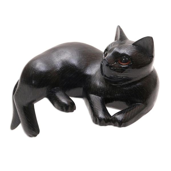Alternate image for Black Suar Wood Cat Statuette from Bali Dreamy Cat