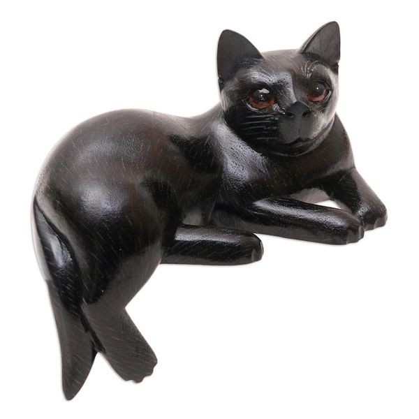 Alternate image for Black Suar Wood Cat Statuette from Bali Dreamy Cat