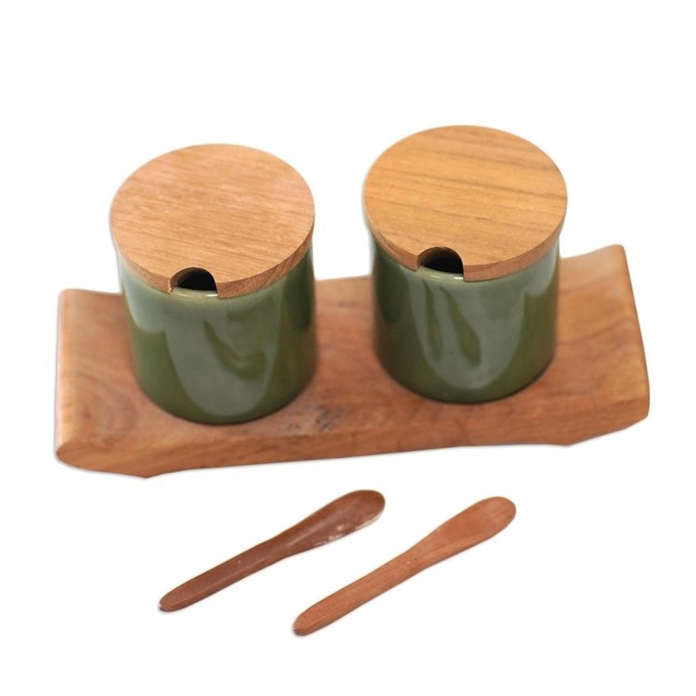 Green Ceramic and Teak Wood Condiment Set 5 Pieces 'Green Start'
