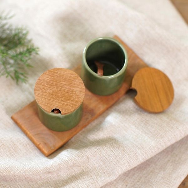 Alternate image for Green Ceramic and Teak Wood Condiment Set 5 Pieces Green Start