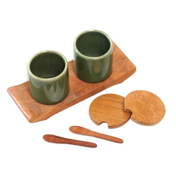 Alternate image for Green Ceramic and Teak Wood Condiment Set 5 Pieces Green Start