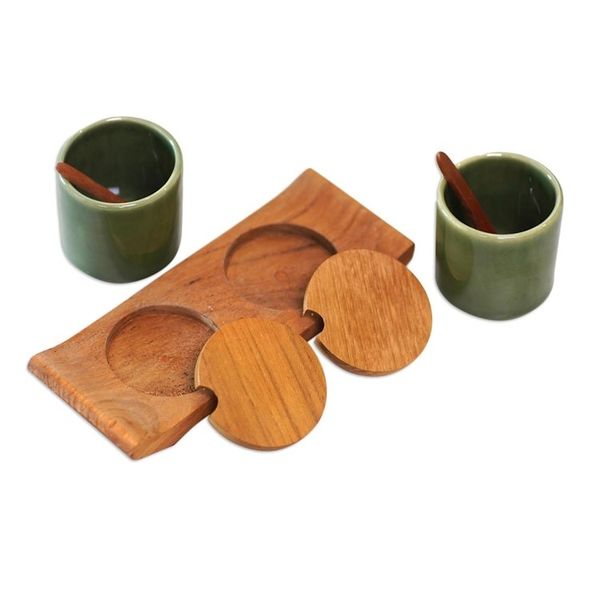 Alternate image for Green Ceramic and Teak Wood Condiment Set 5 Pieces Green Start