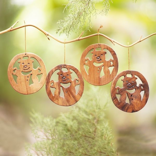 Alternate image for Hand Carved Wood Snowman Ornaments Set of 4 Festive Snowmen