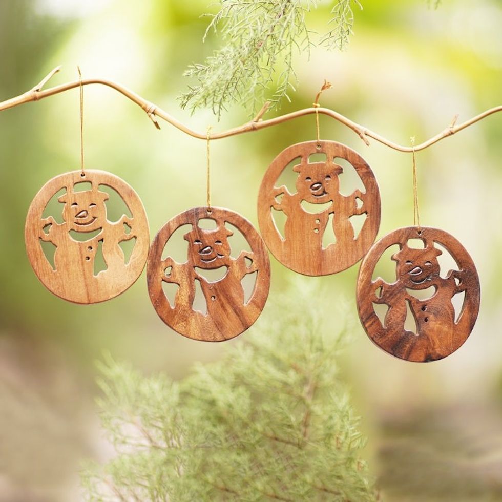 Hand Carved Wood Snowman Ornaments Set of 4 'Festive Snowmen'