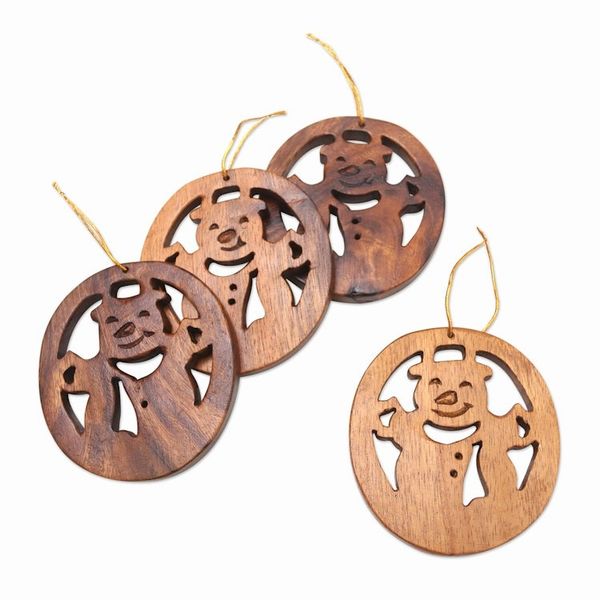Alternate image for Hand Carved Wood Snowman Ornaments Set of 4 Festive Snowmen