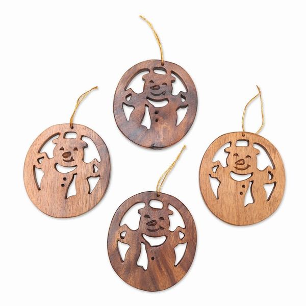 Alternate image for Hand Carved Wood Snowman Ornaments Set of 4 Festive Snowmen