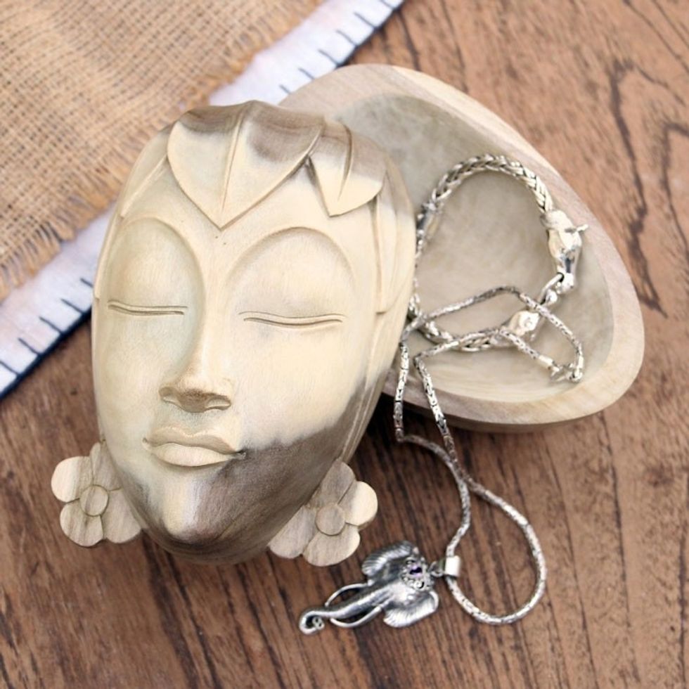 Hand Crafted Hibiscus Wood Decorative Box 'Shy Woman'