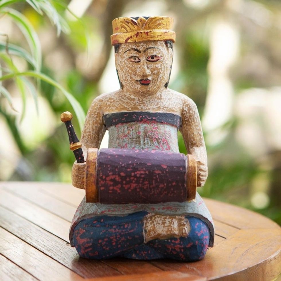 Balinese Albesia Wood Figurine with Music Motif 'Kendang Beleganjur'