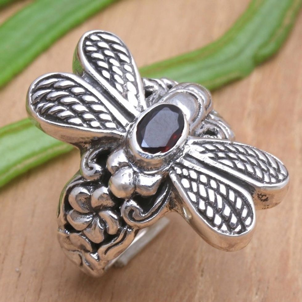 Sterling Silver Garnet Cocktail Ring with Dragonfly Motif 'Dreaming Dragonfly'