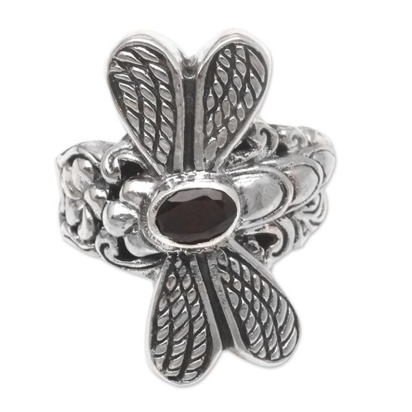 Alternate image for Sterling Silver Garnet Cocktail Ring with Dragonfly Motif Dreaming Dragonfly
