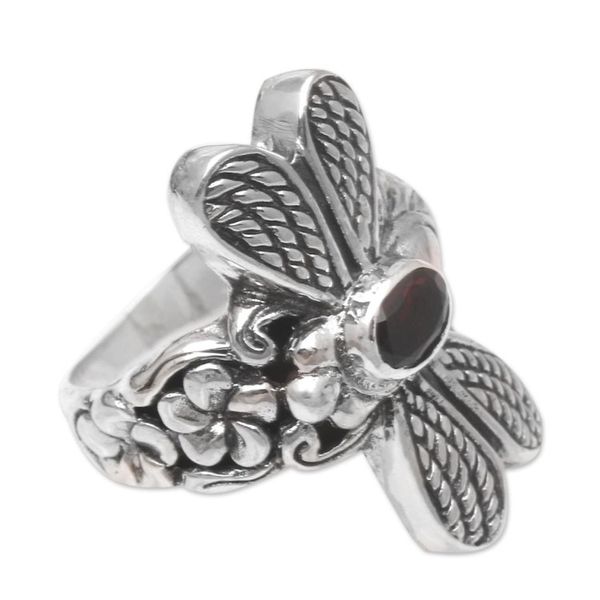 Alternate image for Sterling Silver Garnet Cocktail Ring with Dragonfly Motif Dreaming Dragonfly