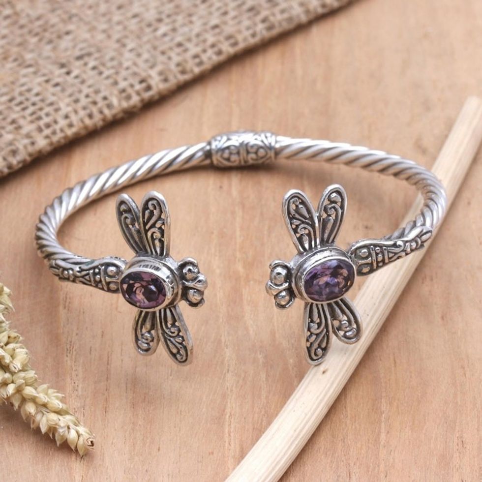 Amethyst Cuff Bracelet with Dragonfly Motif 'Soft Flutter in Purple'
