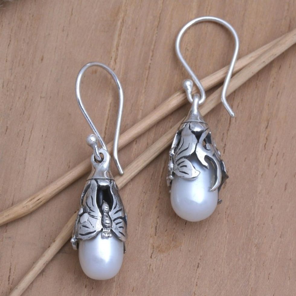 Cultured Freshwater Pearl Dangle Earrings from Bali 'Butterfly Treasure'