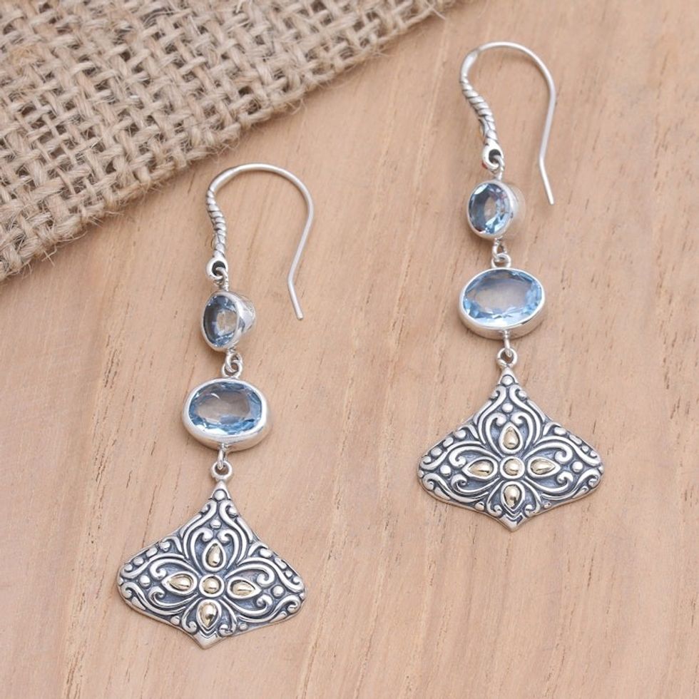 Handmade Gold-Accented Blue Topaz Earrings 'Lotus Kiss in Blue'