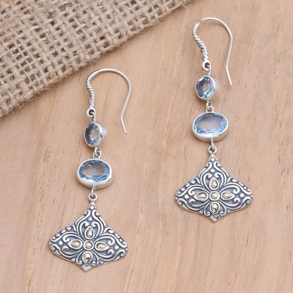 Alternate image for Handmade Gold-Accented Blue Topaz Earrings Lotus Kiss in Blue