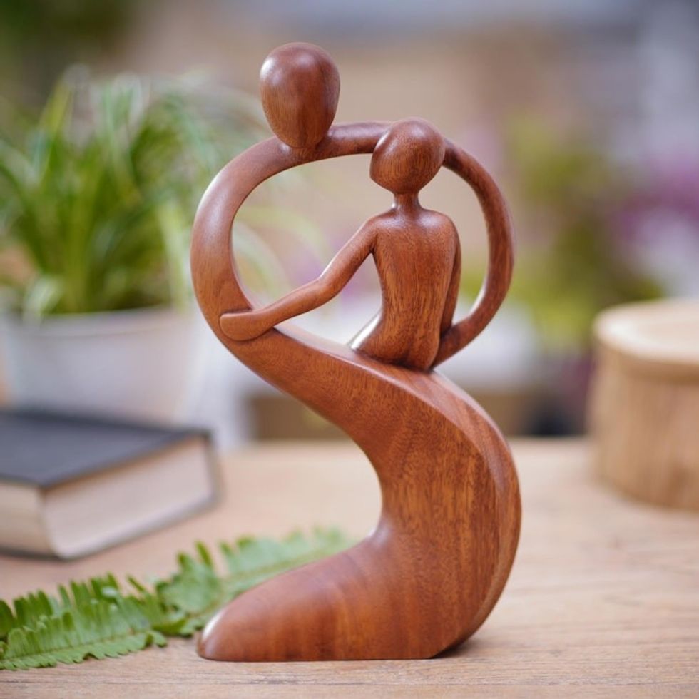 Artisan Crafted Suar Wood Statuette 'Father's Protection'