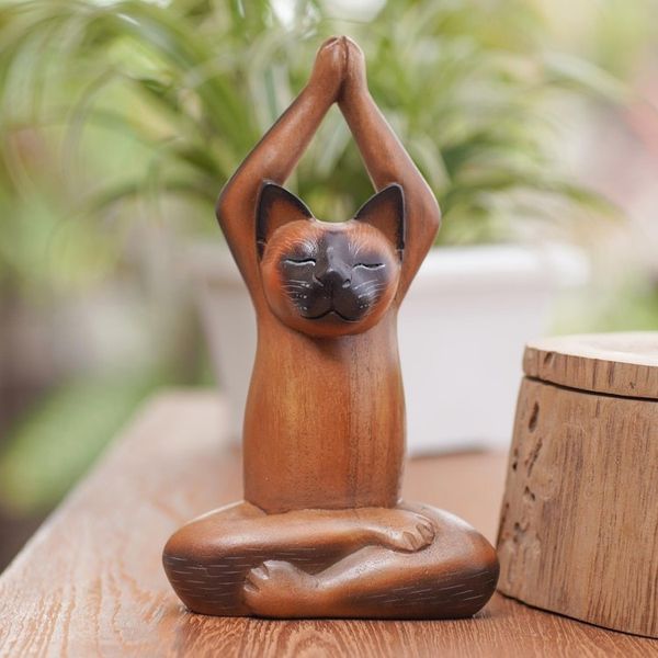 Alternate image for Suar Wood Yoga-Themed Cat Statuette Yoga Asana