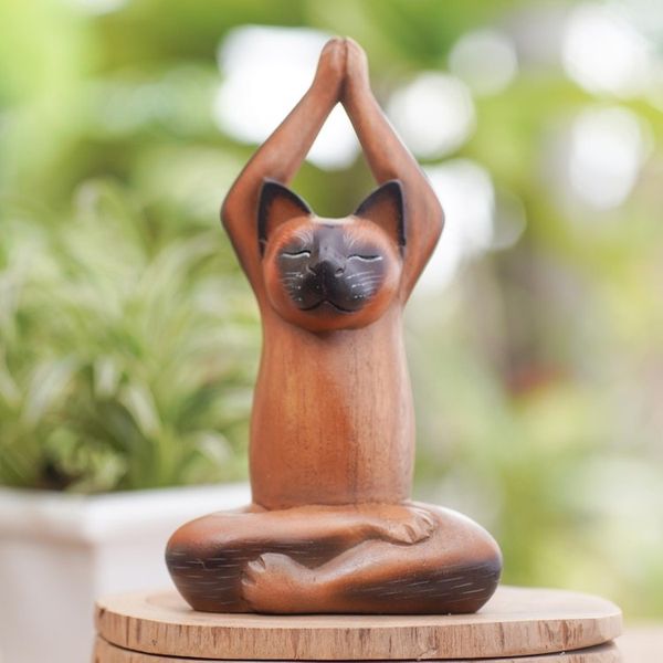 Alternate image for Suar Wood Yoga-Themed Cat Statuette Yoga Asana