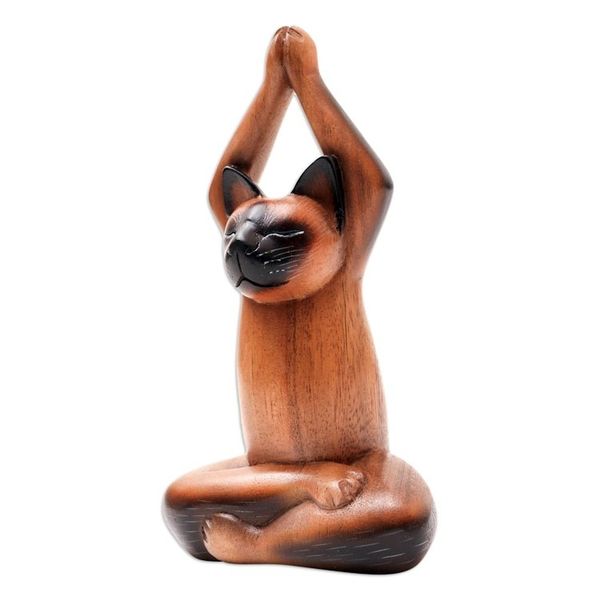 Alternate image for Suar Wood Yoga-Themed Cat Statuette Yoga Asana