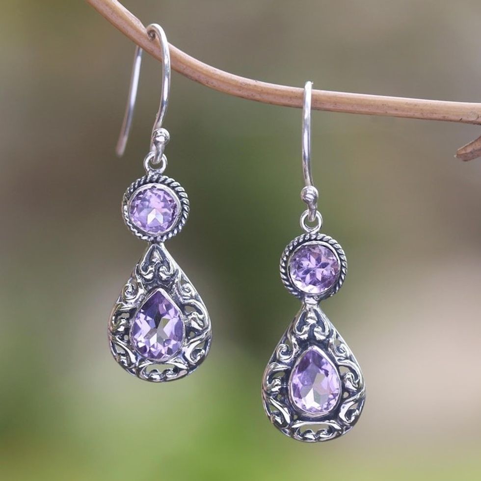 Balinese Amethyst and Sterling Silver Dangle Earrings 'Nevermore'