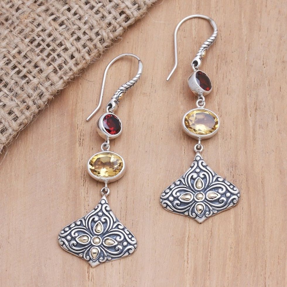 Gold-Accented Citrine and Garnet Dangle Earrings 'Brahman Lotus'