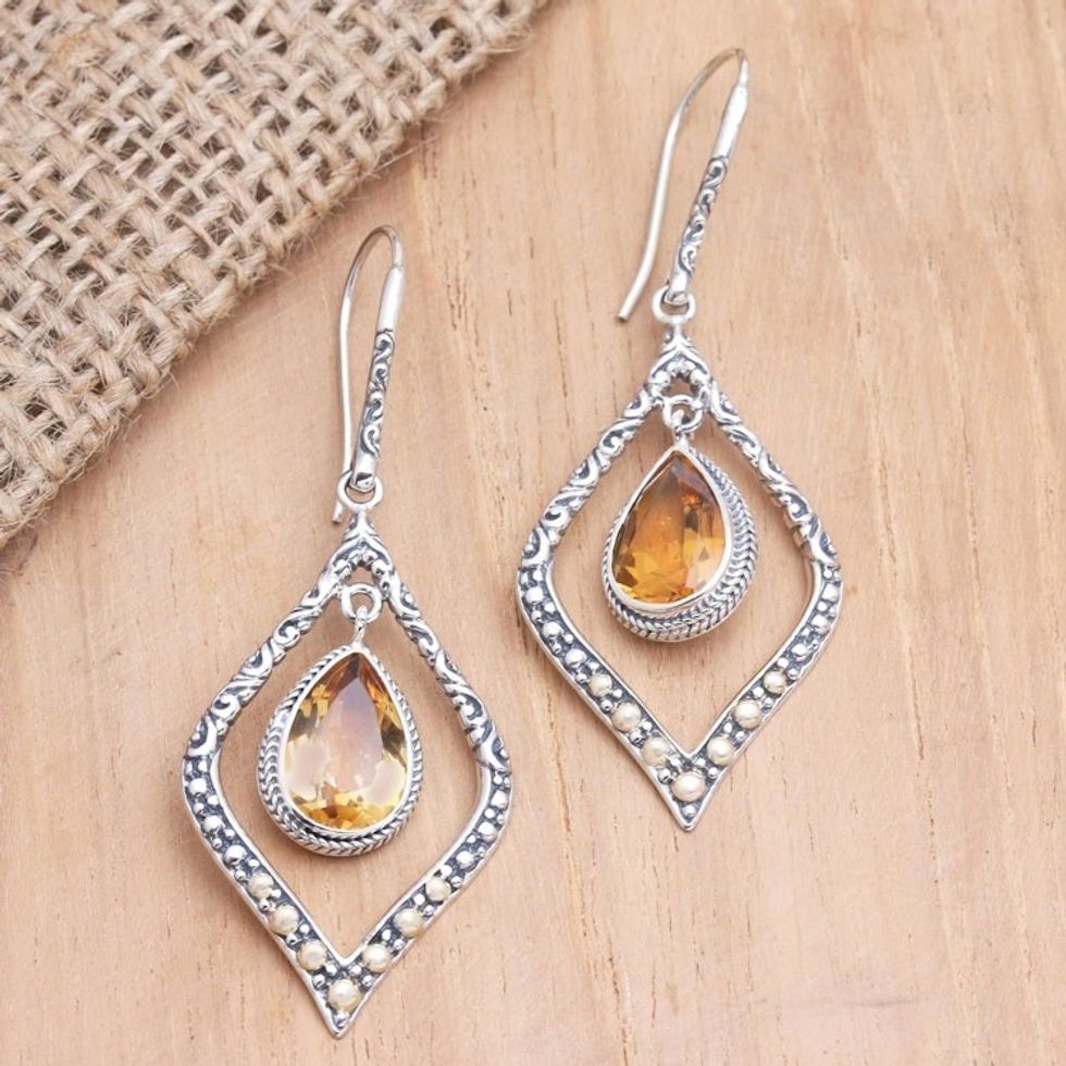 Gold-Accented Citrine Dangle Earrings 'Window Seat in Yellow'