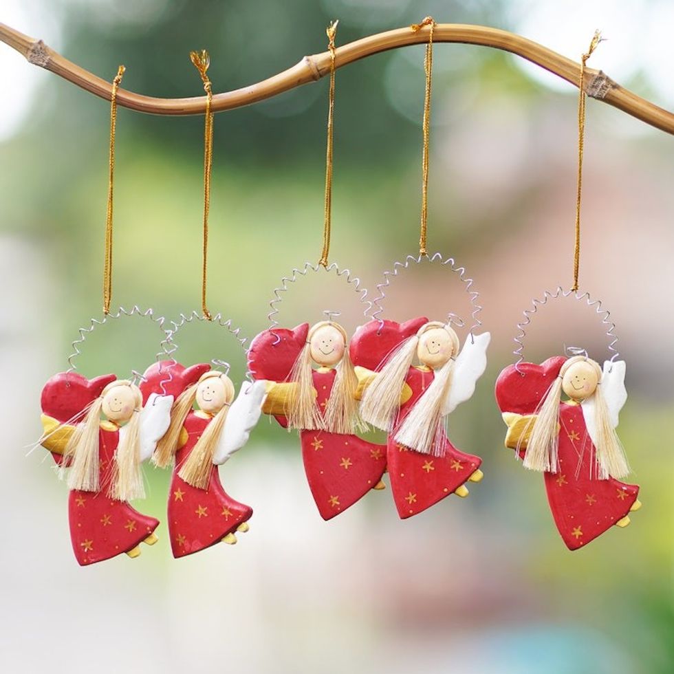 Hand Made Albesia Wood Holiday Ornaments Set of 5 'Love Delivery in Red'