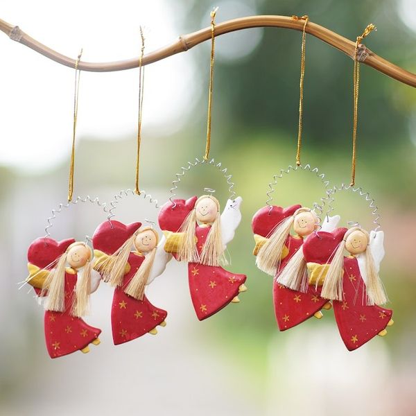 Alternate image for Hand Made Albesia Wood Holiday Ornaments Set of 5 Love Delivery in Red