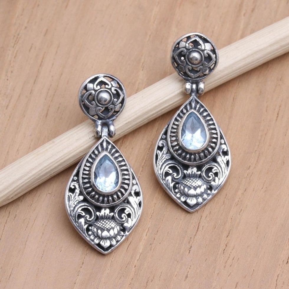 Sterling Silver and Blue Topaz Dangle Earrings 'Lotus Lake in Blue'