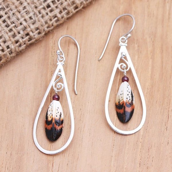 Alternate image for Sterling Silver and Garnet Dangle Earrings Feather in Your Cap