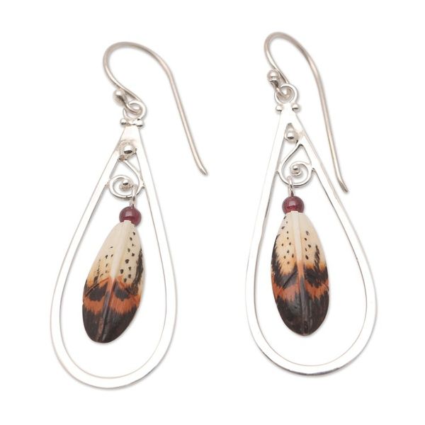 Alternate image for Sterling Silver and Garnet Dangle Earrings Feather in Your Cap
