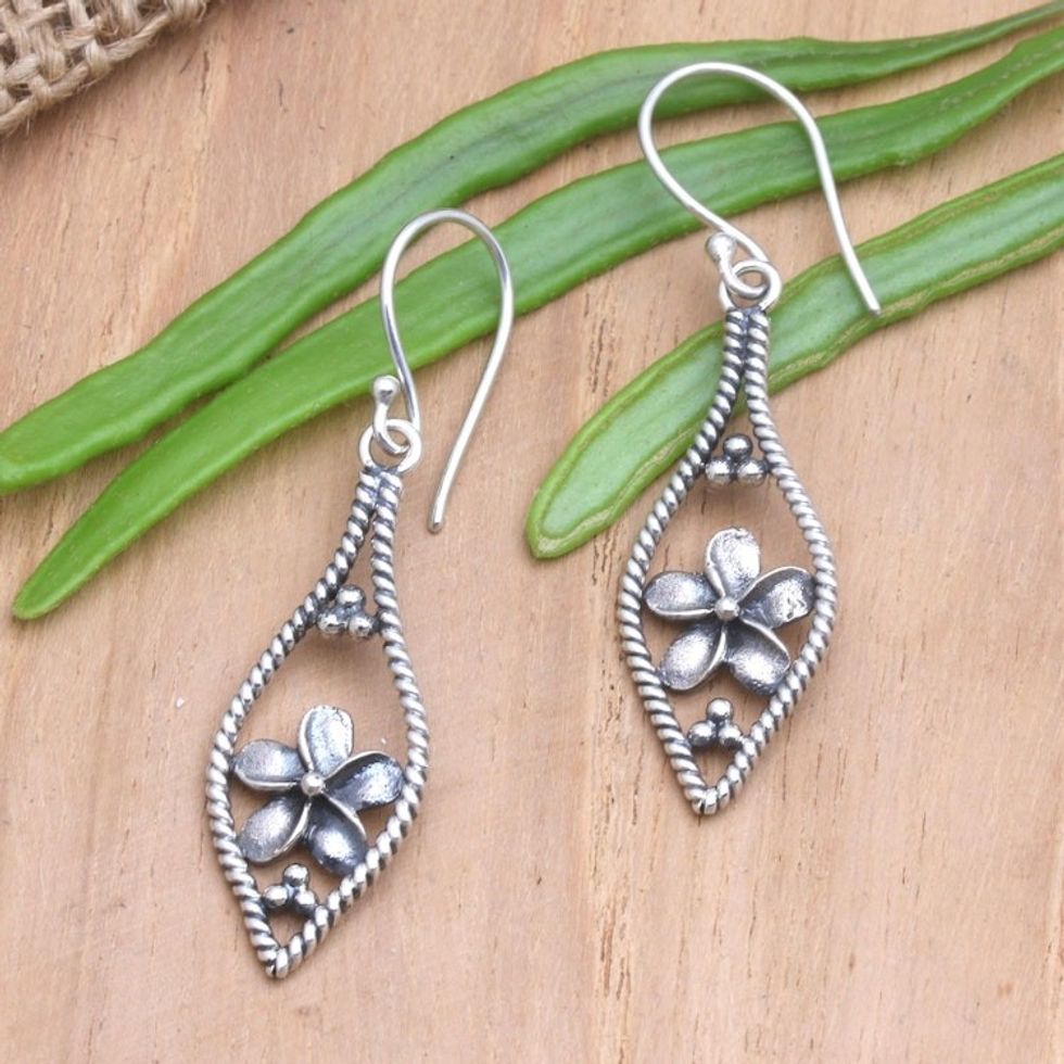 Balinese Sterling Silver Frangipani Dangle Earrings 'Frangipani Twist'