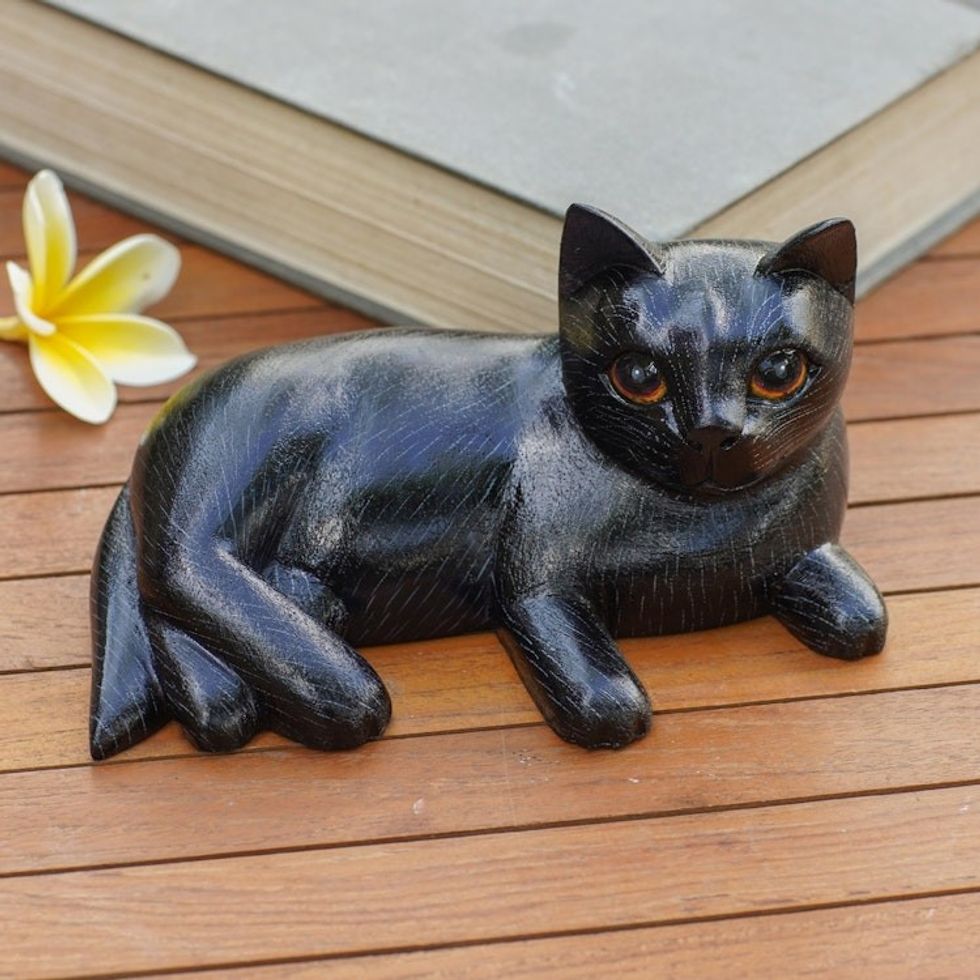 Hand Crafted Suar Wood Cat Statuette 'Feline Friend in Black'