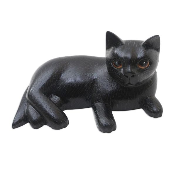 Alternate image for Hand Crafted Suar Wood Cat Statuette Feline Friend in Black