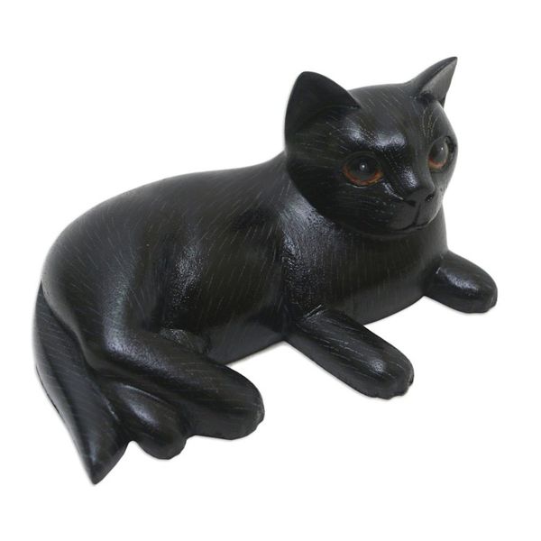 Alternate image for Hand Crafted Suar Wood Cat Statuette Feline Friend in Black