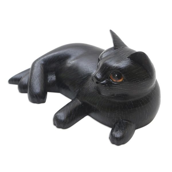 Alternate image for Hand Crafted Suar Wood Cat Statuette Feline Friend in Black