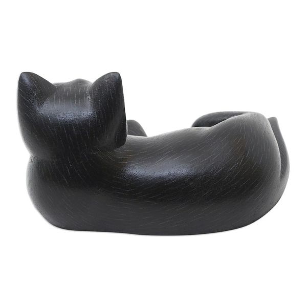 Alternate image for Hand Crafted Suar Wood Cat Statuette Feline Friend in Black