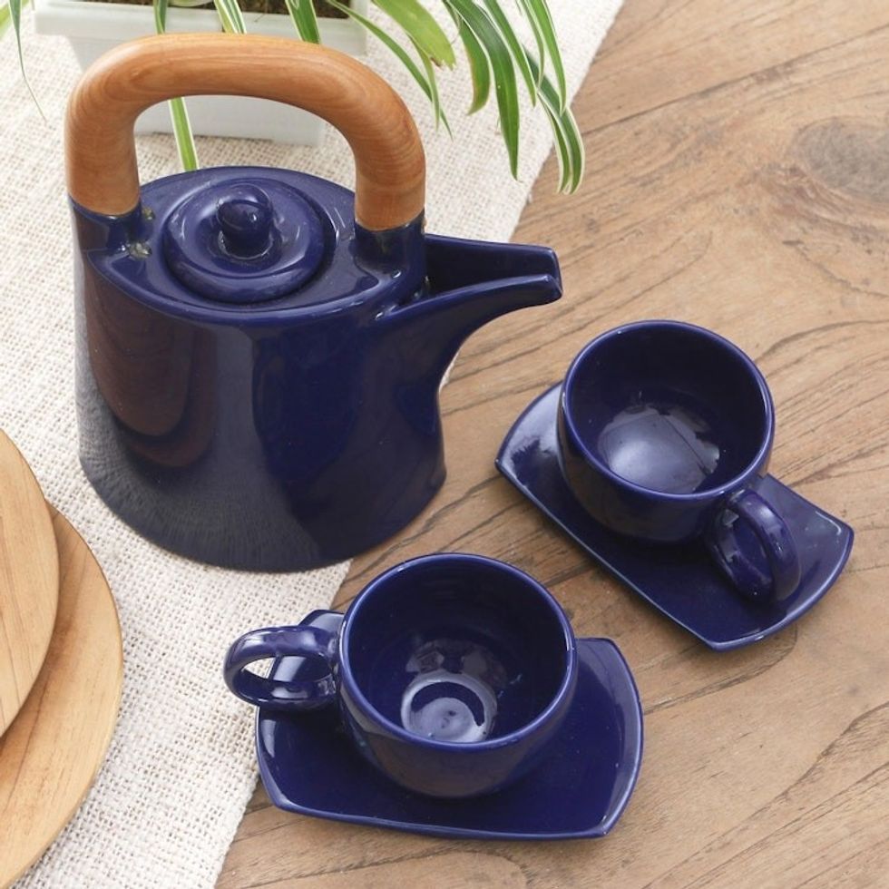 Blue Ceramic and Teak Wood Tea Set for Two 5 Pcs 'American Blue'